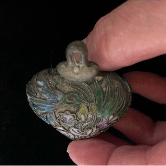 Vintage Cloisonne Enameled Puffy Heart Ornament Pendant 2" Tall - Picture 4 of 6